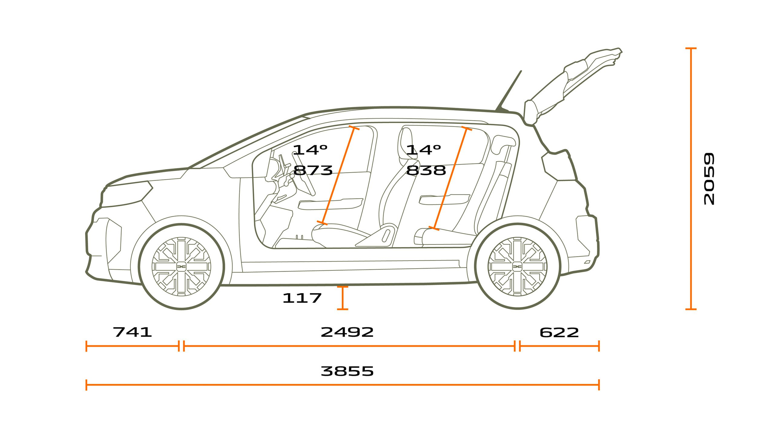 Afmetingen Dacia Spring 2026 zijkant