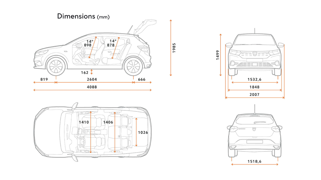 Dacia Sandero afmetingen